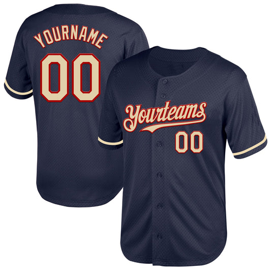 Custom Navy Cream-Red Mesh Authentic Throwback Baseball Jersey - Main View