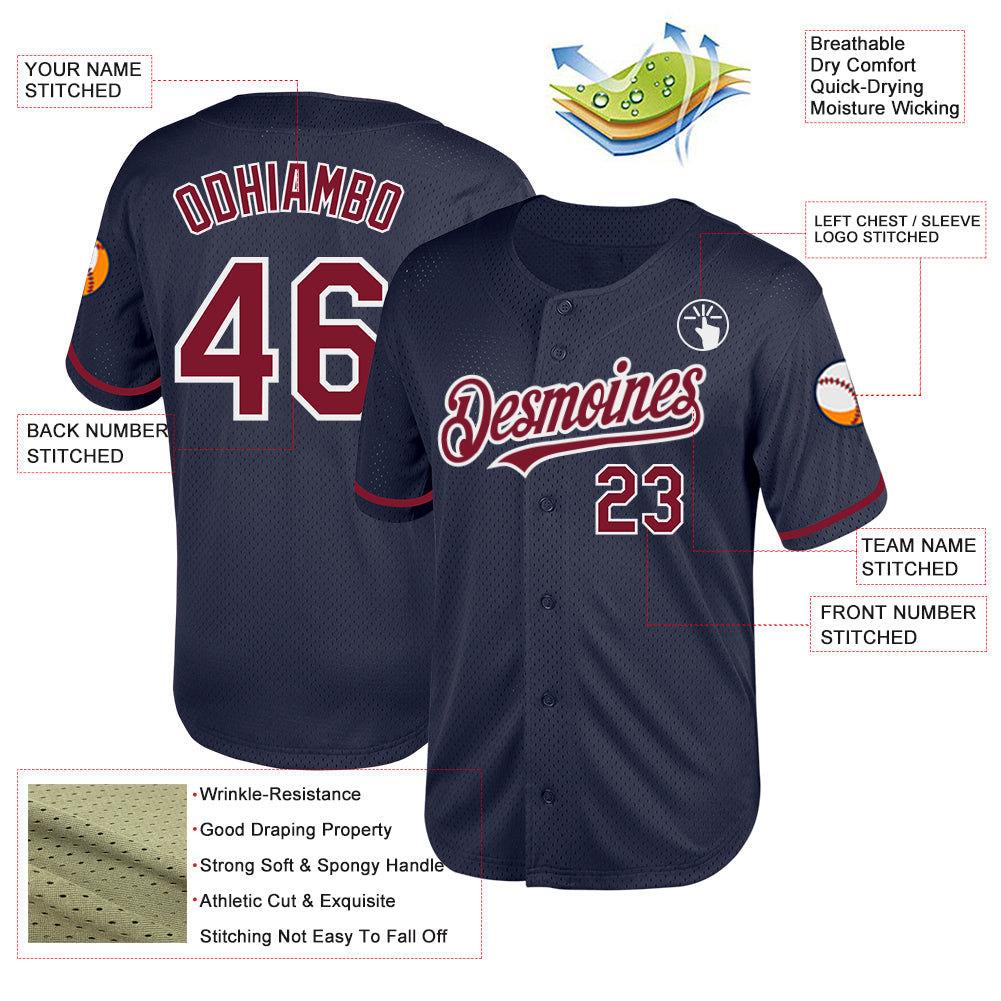 Custom Navy Crimson-White Mesh Authentic Throwback Baseball Jersey view 3