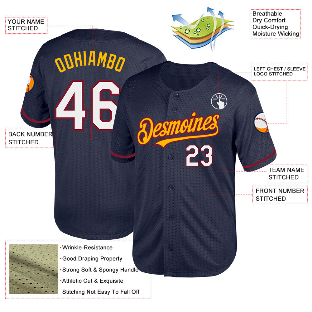 Custom Navy Crimson-Gold Mesh Authentic Throwback Baseball Jersey view 3