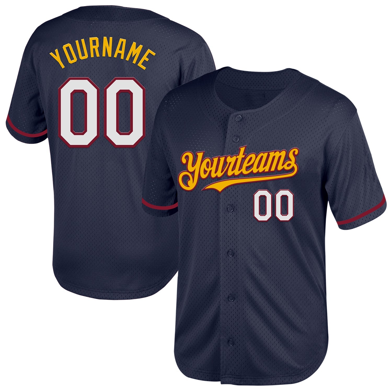 Custom Navy Crimson-Gold Mesh Authentic Throwback Baseball Jersey - Main View