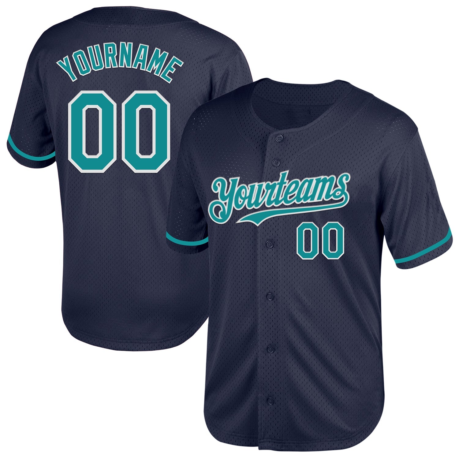 Custom Navy Teal-White Mesh Authentic Throwback Baseball Jersey - Main View