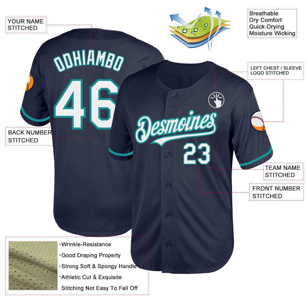 Custom Navy White-Teal Mesh Authentic Throwback Baseball Jersey view 3