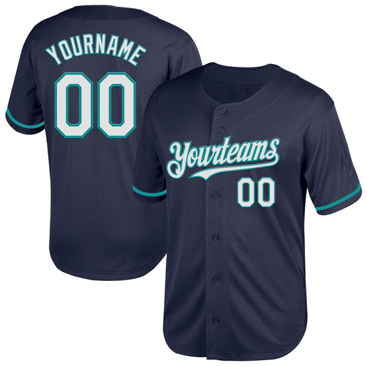 Custom Navy White-Teal Mesh Authentic Throwback Baseball Jersey - Main View