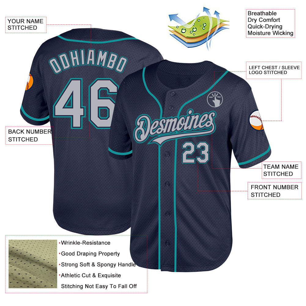 Custom Navy Gray-Teal Mesh Authentic Throwback Baseball Jersey view 3