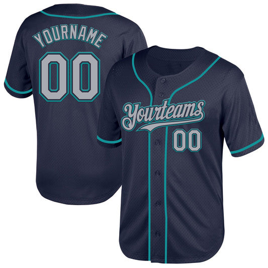 Custom Navy Gray-Teal Mesh Authentic Throwback Baseball Jersey - Main View