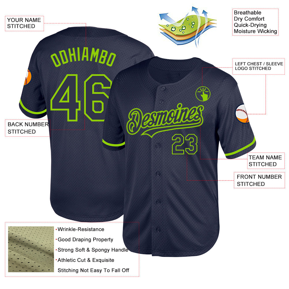 Custom Navy Neon Green Mesh Authentic Throwback Baseball Jersey view 3