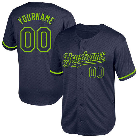 Custom Navy Neon Green Mesh Authentic Throwback Baseball Jersey - Main View