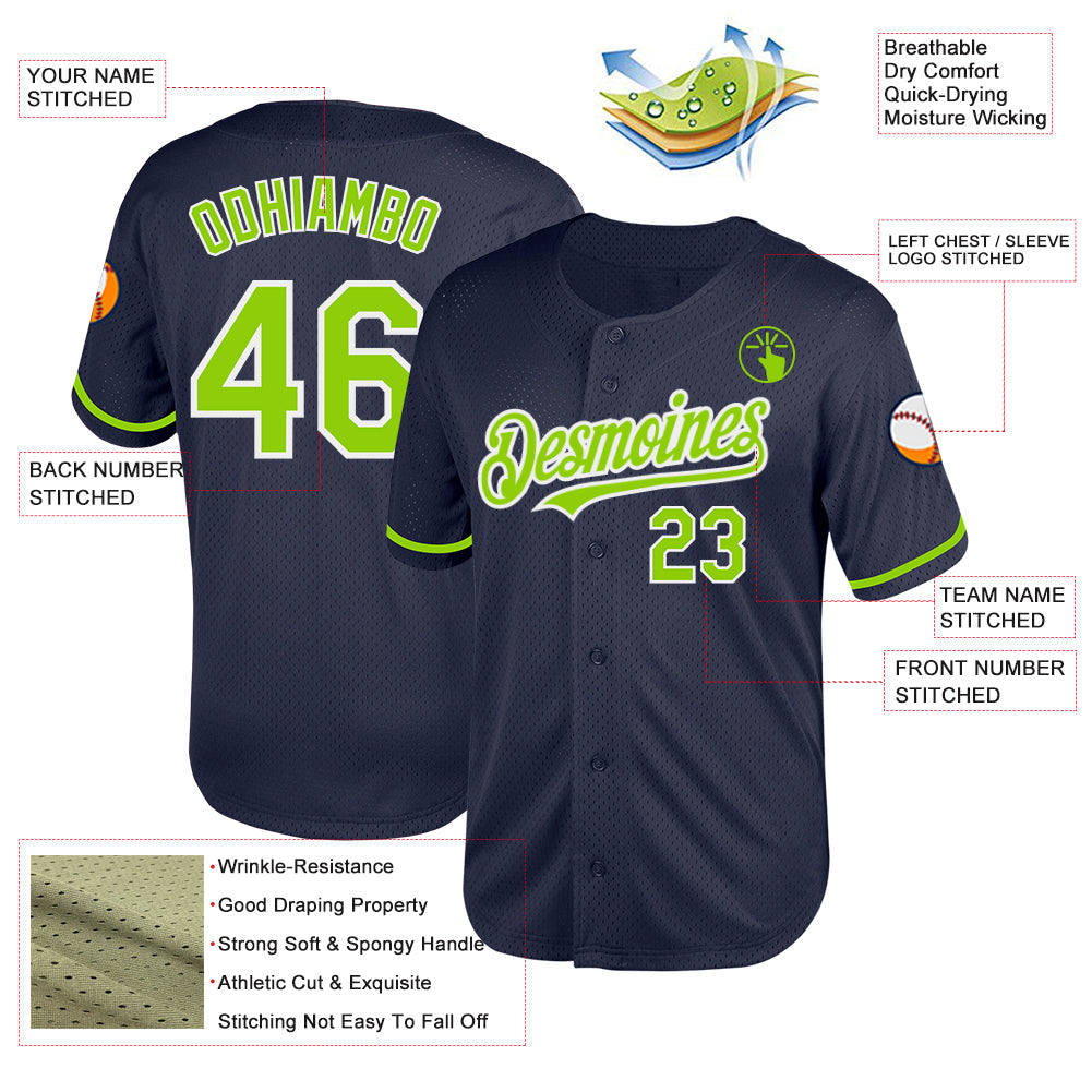 Custom Navy Neon Green-White Mesh Authentic Throwback Baseball Jersey view 3