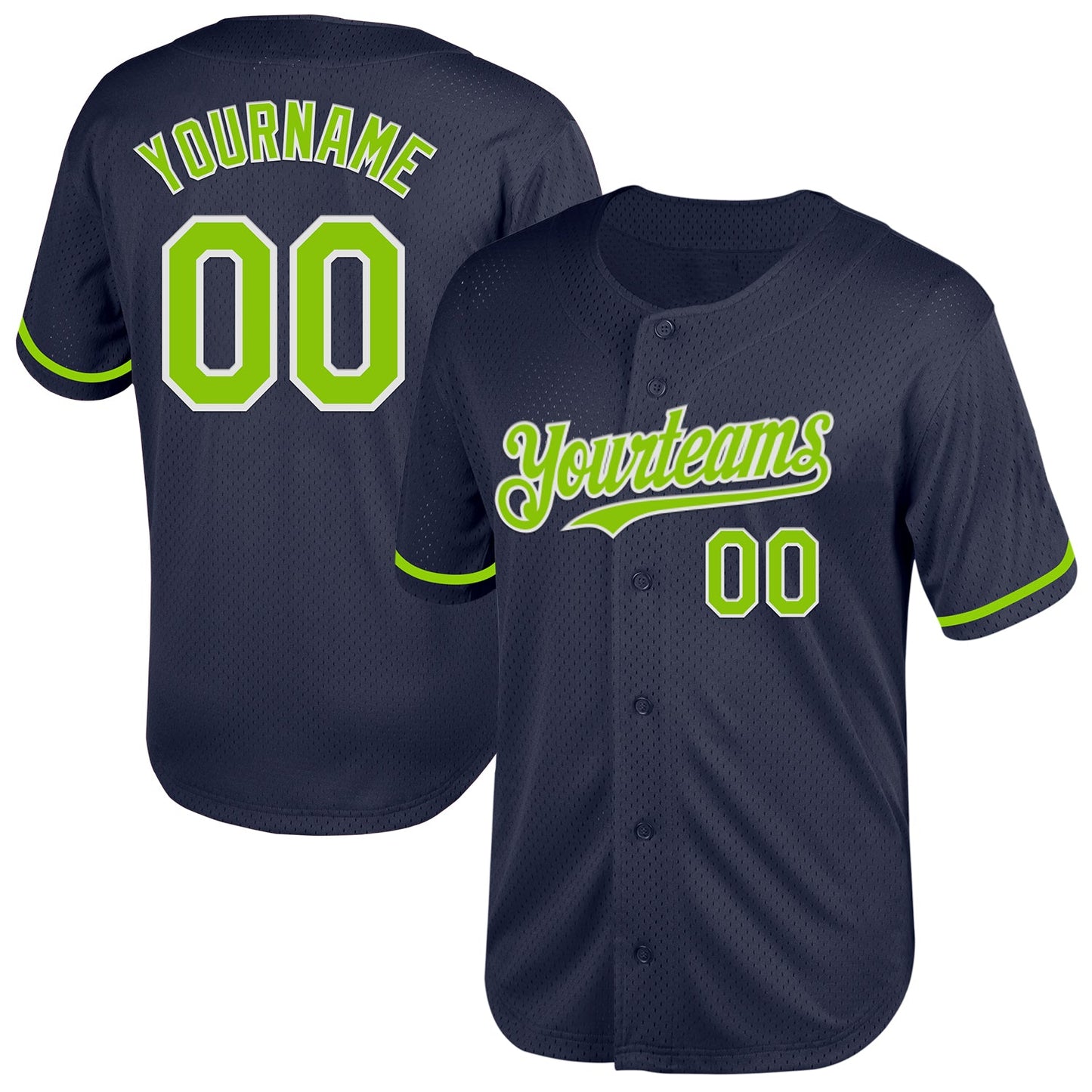 Custom Navy Neon Green-White Mesh Authentic Throwback Baseball Jersey - Main View