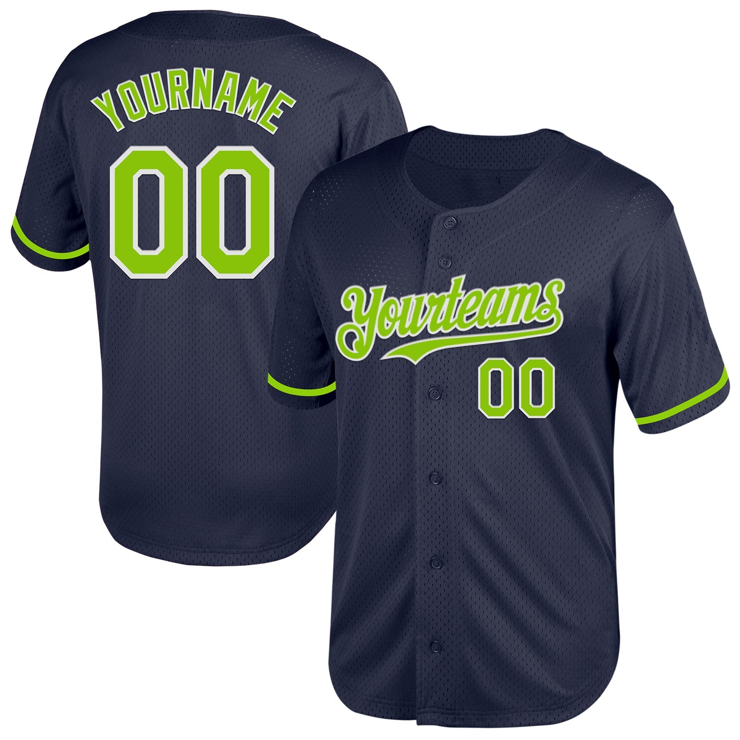 Custom Navy Neon Green-White Mesh Authentic Throwback Baseball Jersey - Main View