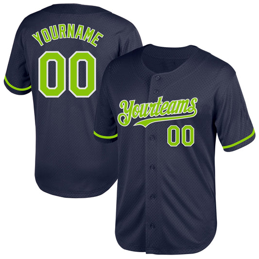Custom Navy Neon Green-White Mesh Authentic Throwback Baseball Jersey - Main View