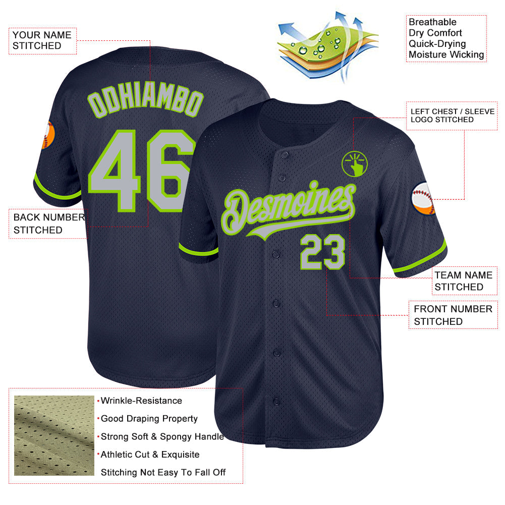 Custom Navy Gray-Neon Green Mesh Authentic Throwback Baseball Jersey view 3