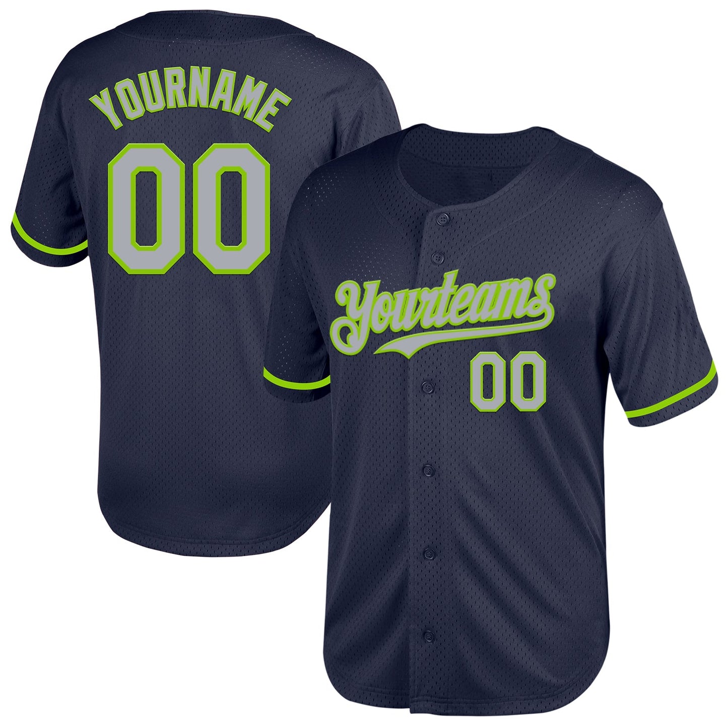 Custom Navy Gray-Neon Green Mesh Authentic Throwback Baseball Jersey - Main View