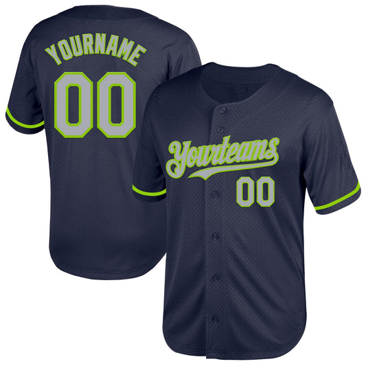 Custom Navy Gray-Neon Green Mesh Authentic Throwback Baseball Jersey - Main View
