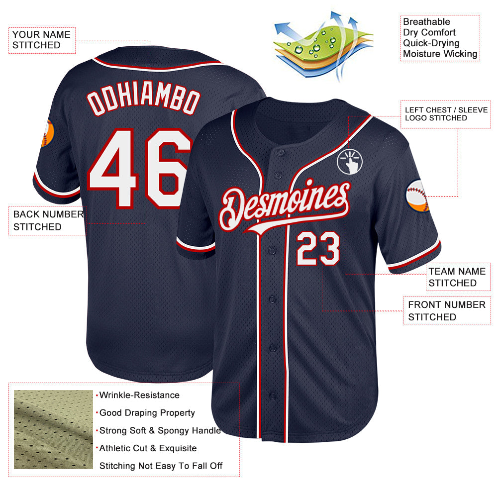 Custom Navy White-Red Mesh Authentic Throwback Baseball Jersey view 3