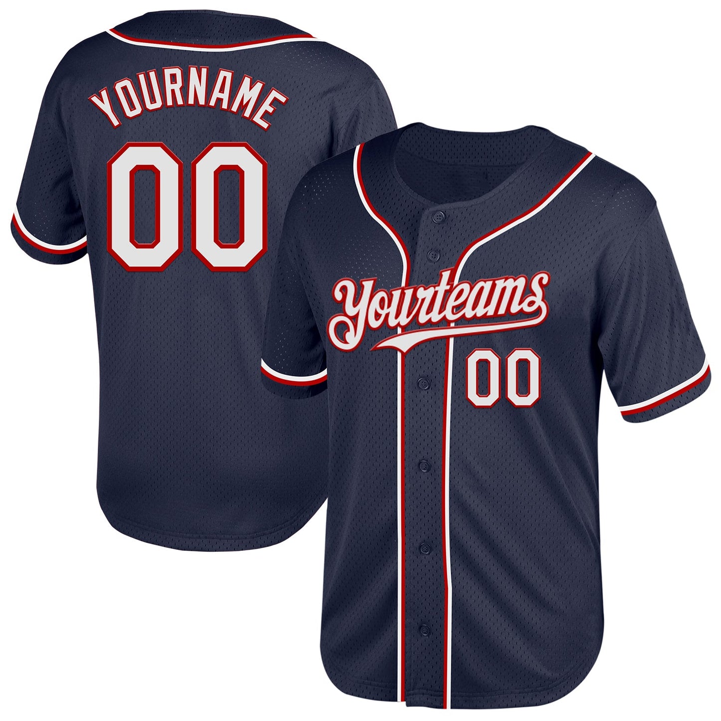 Custom Navy White-Red Mesh Authentic Throwback Baseball Jersey - Main View