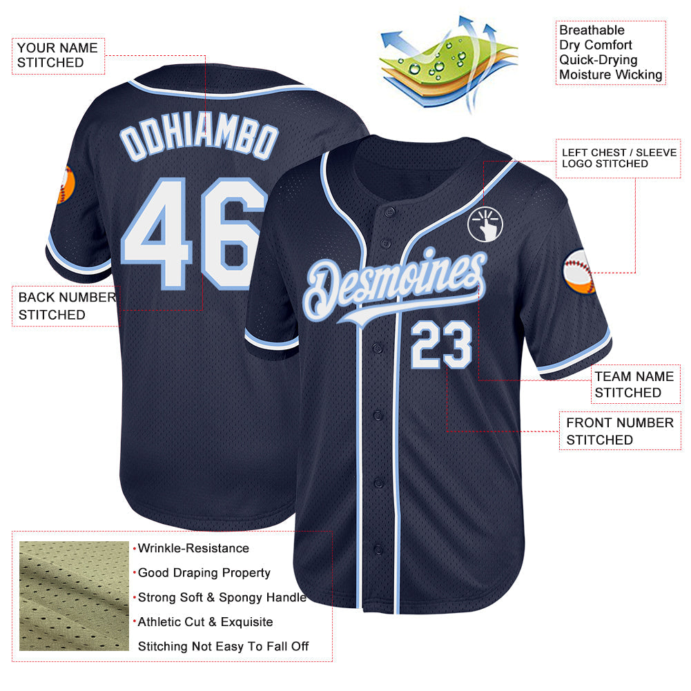 Custom Navy White-Light Blue Mesh Authentic Throwback Baseball Jersey view 3