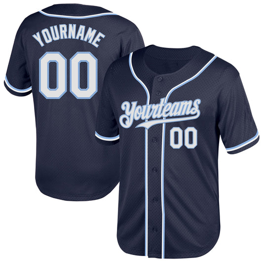 Custom Navy White-Light Blue Mesh Authentic Throwback Baseball Jersey - Main View