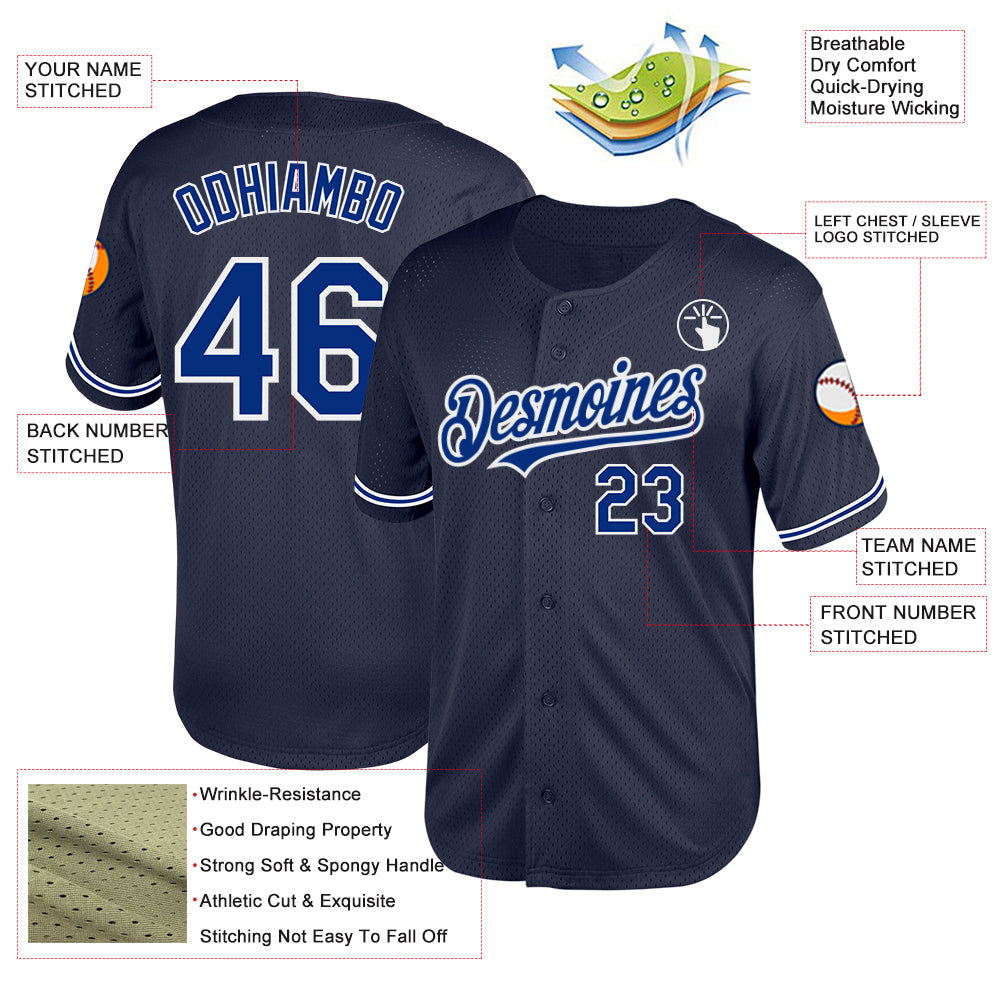 Custom Navy Royal-White Mesh Authentic Throwback Baseball Jersey view 3