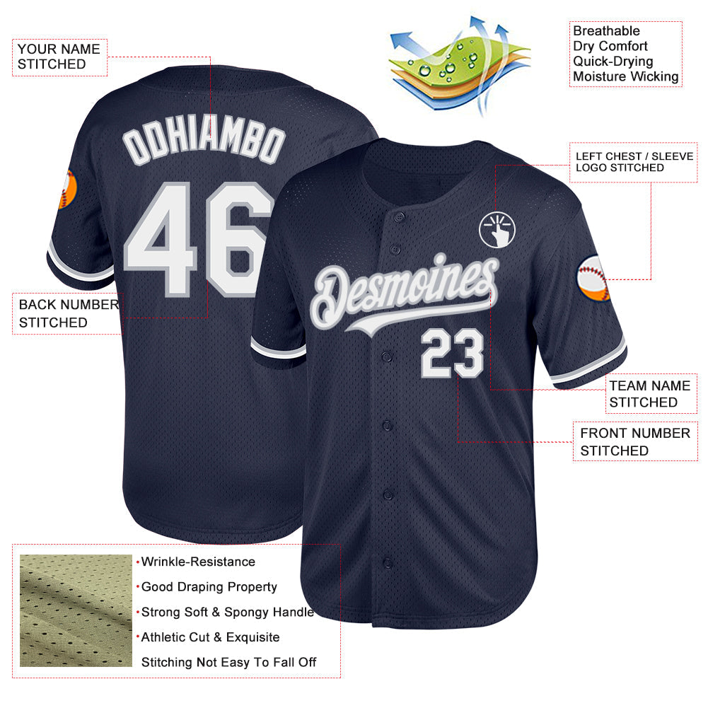 Custom Navy White-Gray Mesh Authentic Throwback Baseball Jersey view 3