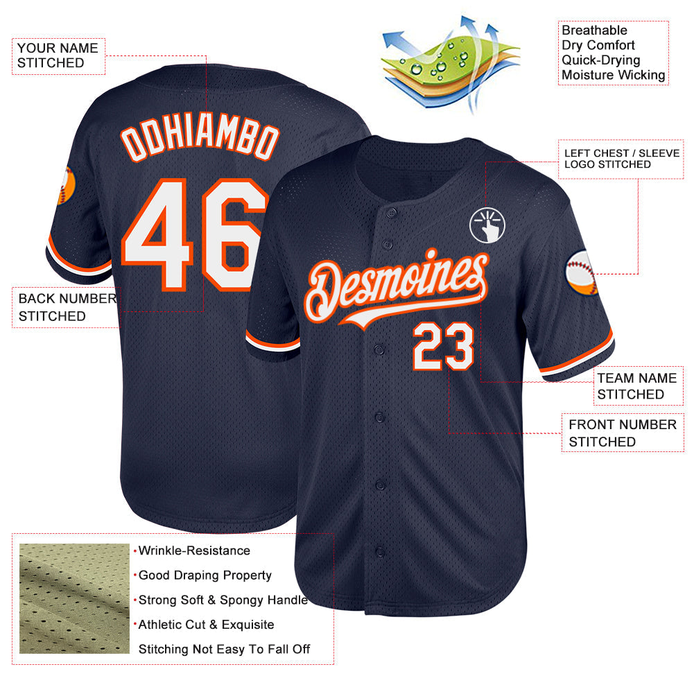 Custom Navy White-Orange Mesh Authentic Throwback Baseball Jersey view 3