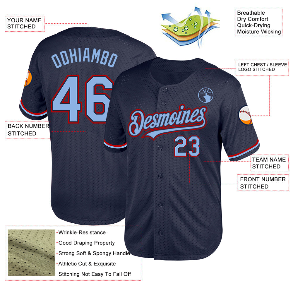 Custom Navy Light Blue-Red Mesh Authentic Throwback Baseball Jersey view 3