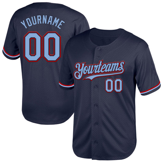 Custom Navy Light Blue-Red Mesh Authentic Throwback Baseball Jersey - Main View