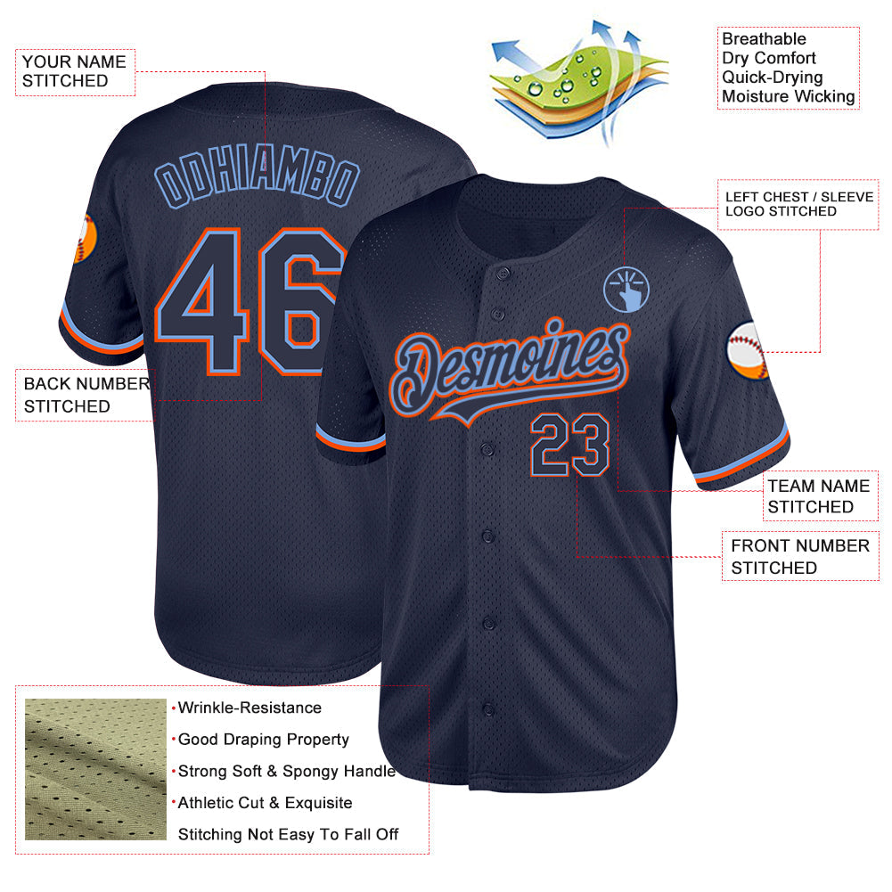 Custom Navy Powder Blue-Orange Mesh Authentic Throwback Baseball Jersey view 3