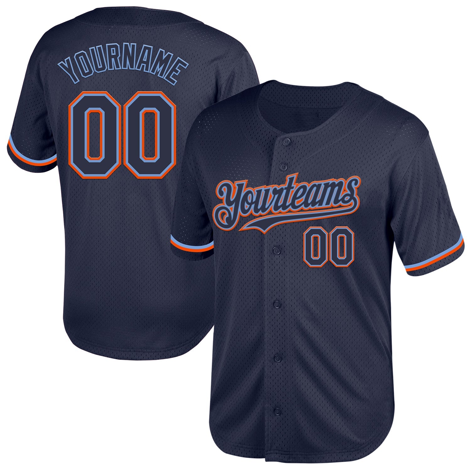 Custom Navy Powder Blue-Orange Mesh Authentic Throwback Baseball Jersey - Main View