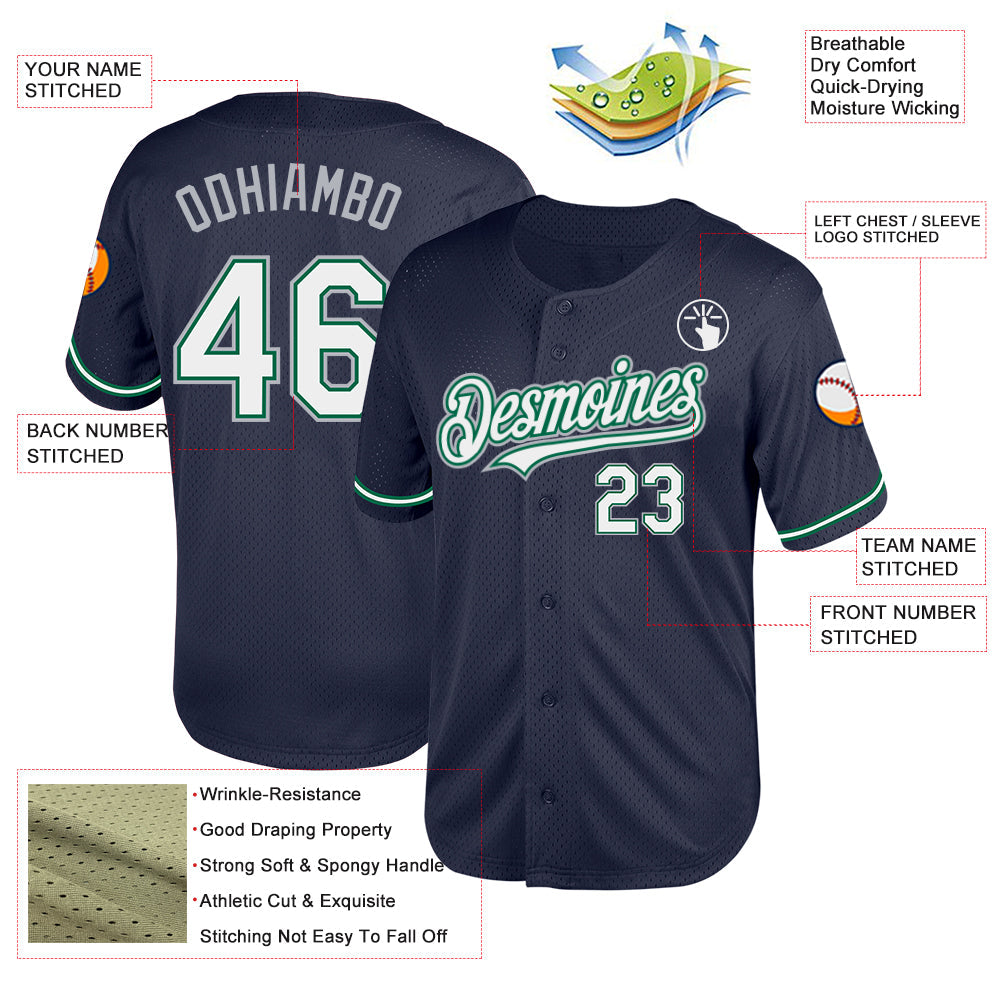 Custom Navy Kelly Green-Gray Mesh Authentic Throwback Baseball Jersey view 3