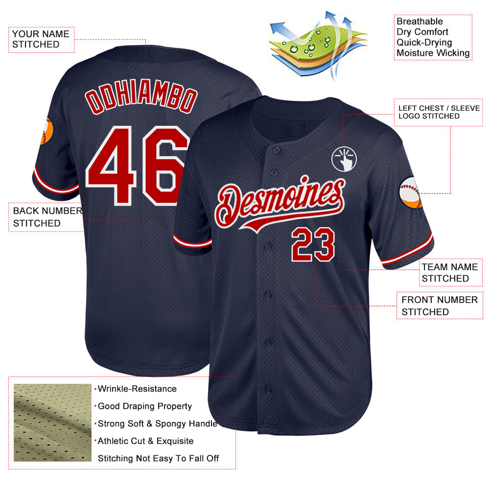 Custom Navy Red-White Mesh Authentic Throwback Baseball Jersey view 3
