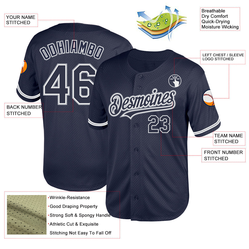 Custom Navy White-Gray Mesh Authentic Throwback Baseball Jersey view 3