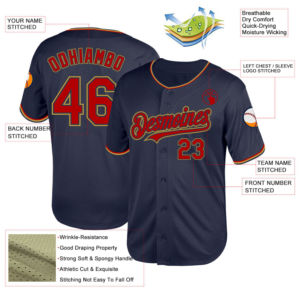 Custom Navy Red-Old Gold Mesh Authentic Throwback Baseball Jersey view 3