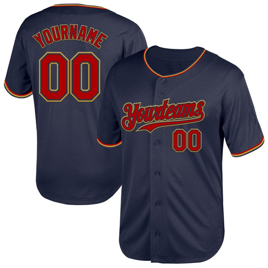 Custom Navy Red-Old Gold Mesh Authentic Throwback Baseball Jersey - Main View