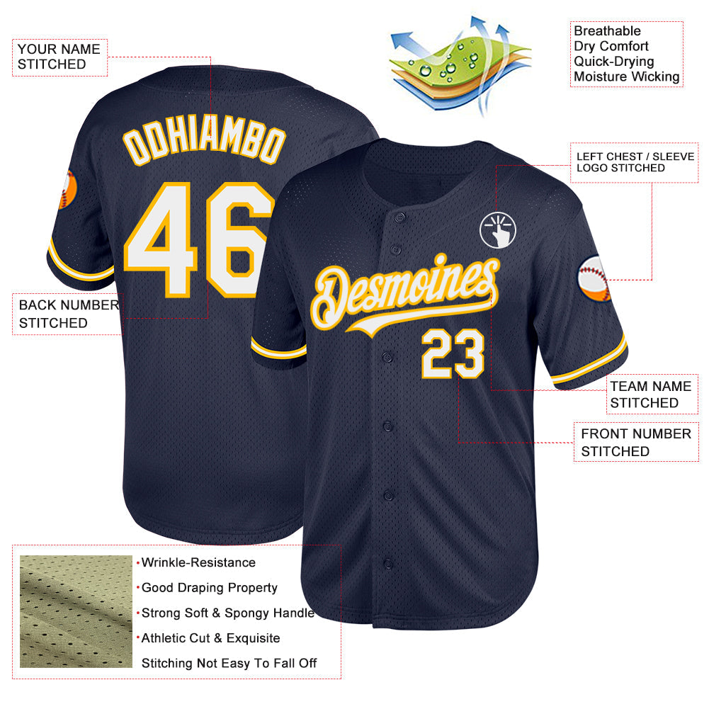 Custom Navy White-Gold Mesh Authentic Throwback Baseball Jersey view 3