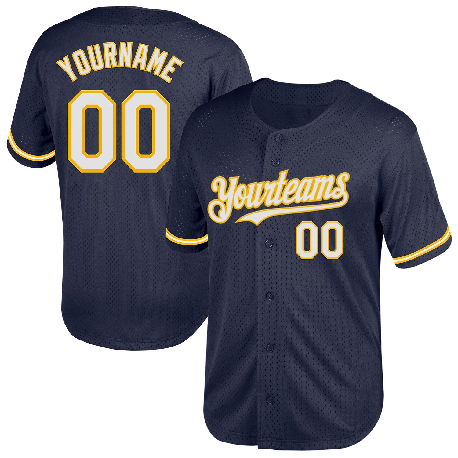 Custom Navy White-Gold Mesh Authentic Throwback Baseball Jersey - Main View