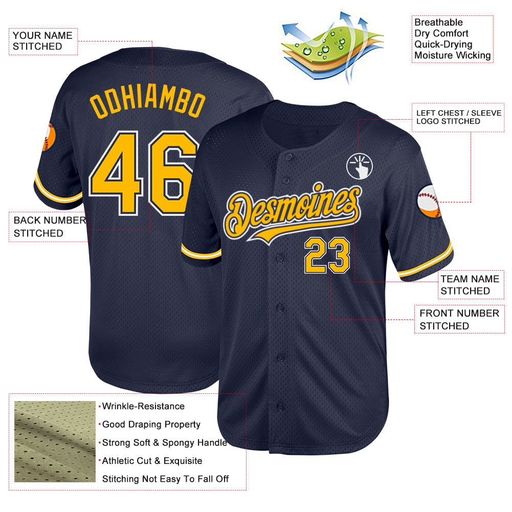 Custom Navy Gold-White Mesh Authentic Throwback Baseball Jersey view 3