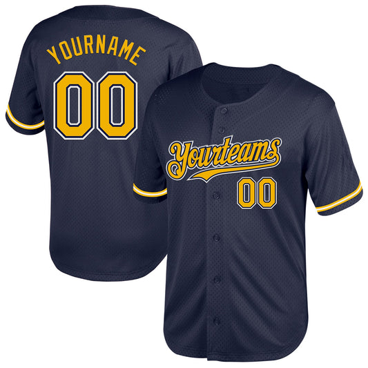 Custom Navy Gold-White Mesh Authentic Throwback Baseball Jersey - Main View