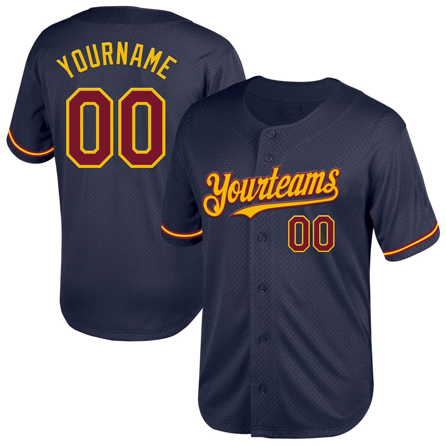 Custom Navy Crimson-Yellow Mesh Authentic Throwback Baseball Jersey - Main View