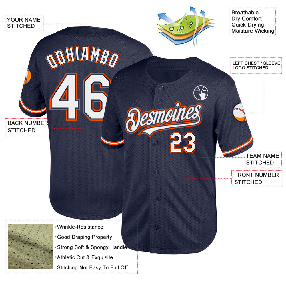 Custom Navy White-Orange Mesh Authentic Throwback Baseball Jersey view 3