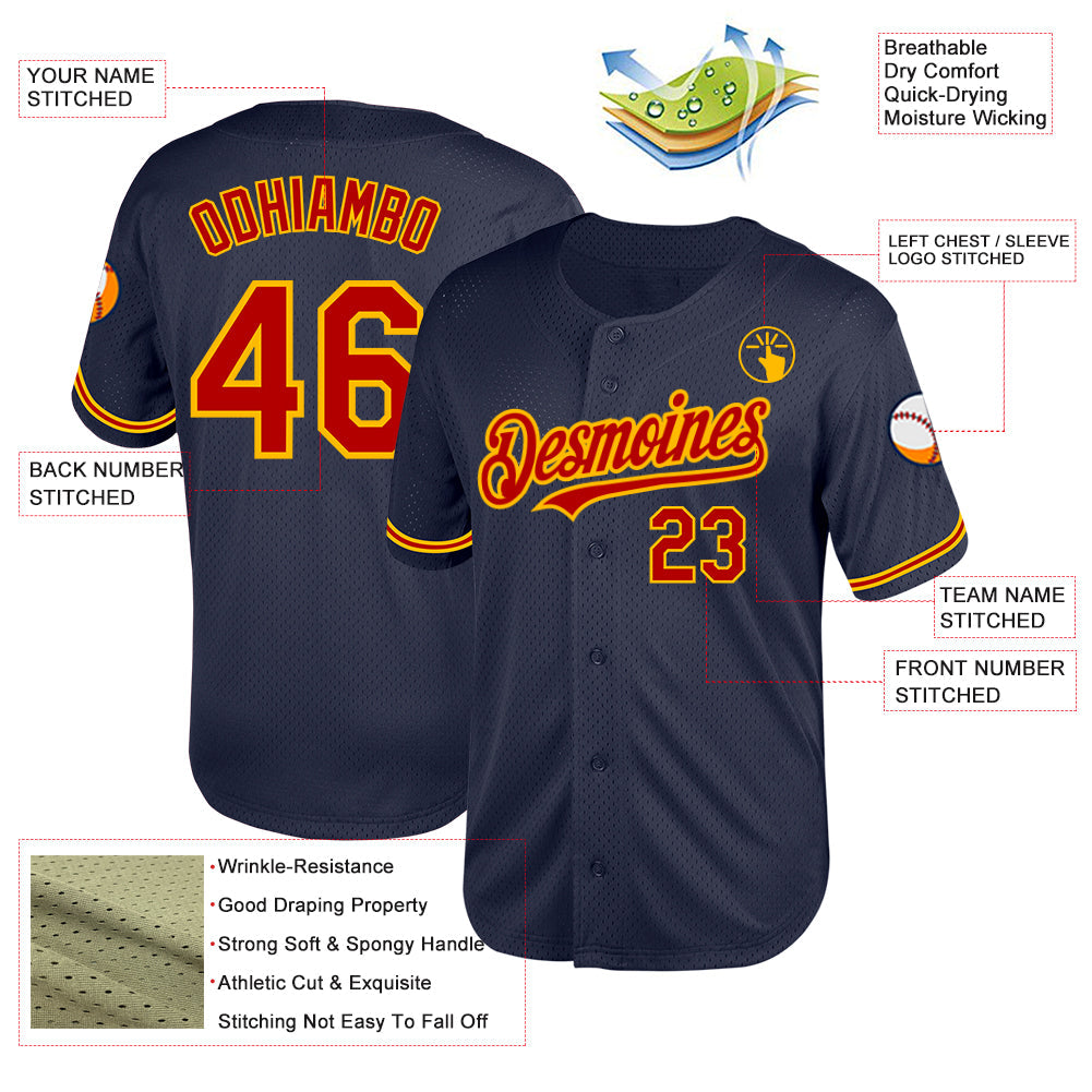 Custom Navy Red-Gold Mesh Authentic Throwback Baseball Jersey view 3