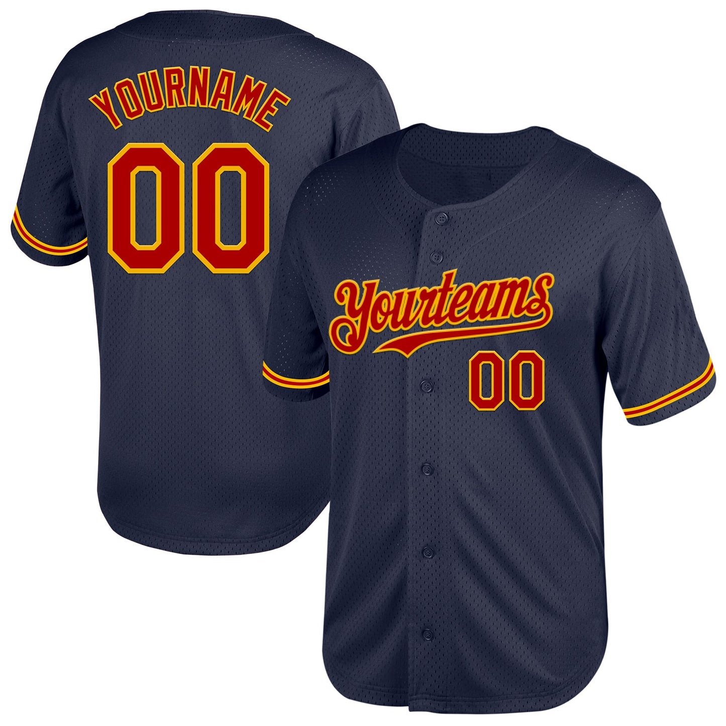 Custom Navy Red-Gold Mesh Authentic Throwback Baseball Jersey - Main View