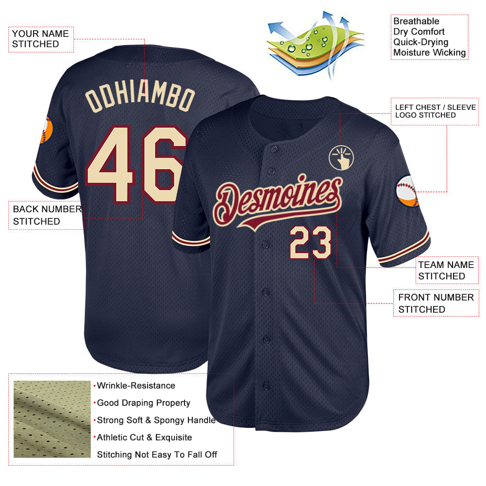 Custom Navy City Cream-Crimson Mesh Authentic Throwback Baseball Jersey view 3