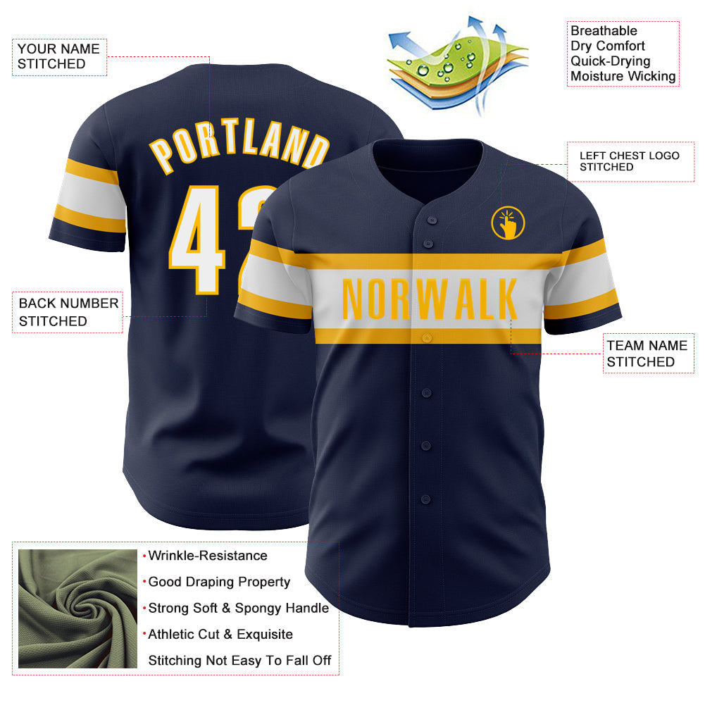 Custom Navy White-Gold Authentic Baseball Jersey view 3