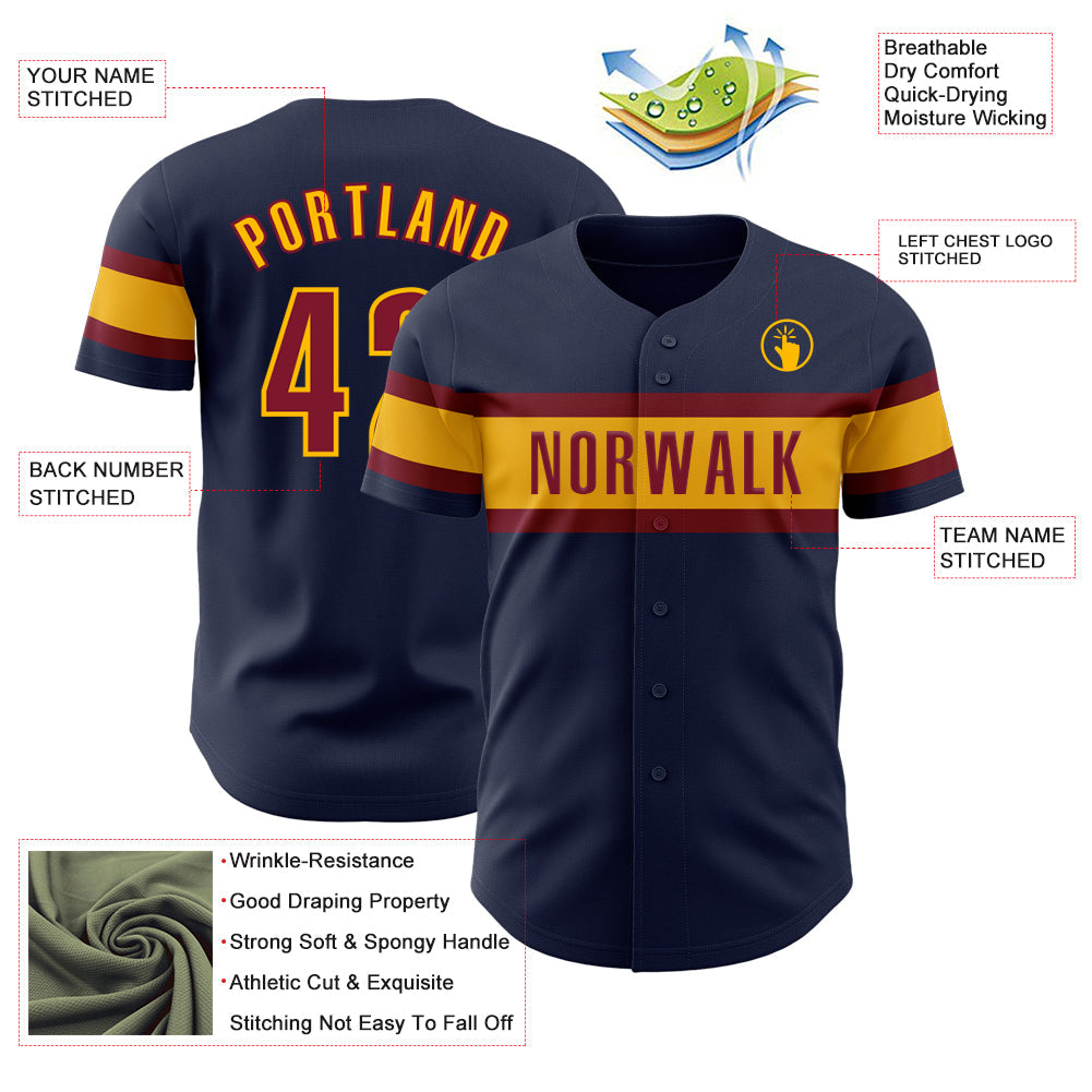Custom Navy Crimson-Gold Authentic Baseball Jersey view 3