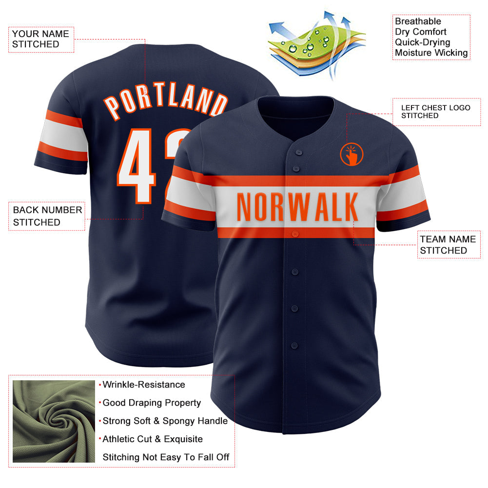 Custom Navy White-Orange Authentic Baseball Jersey view 3