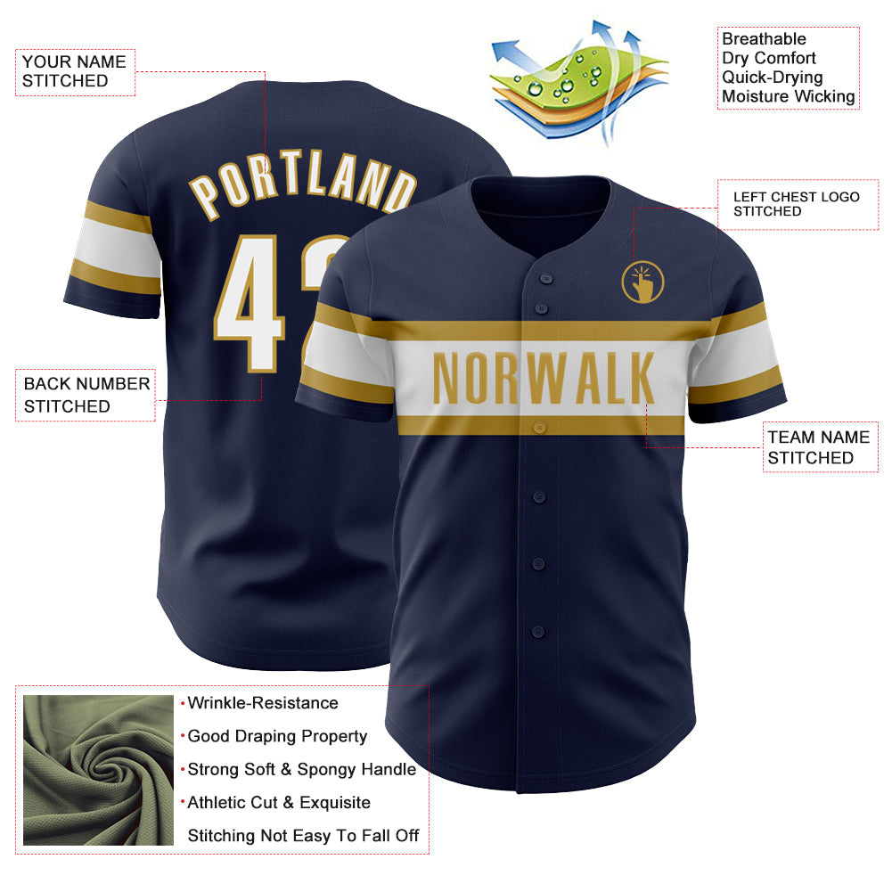 Custom Navy White-Old Gold Authentic Baseball Jersey view 3