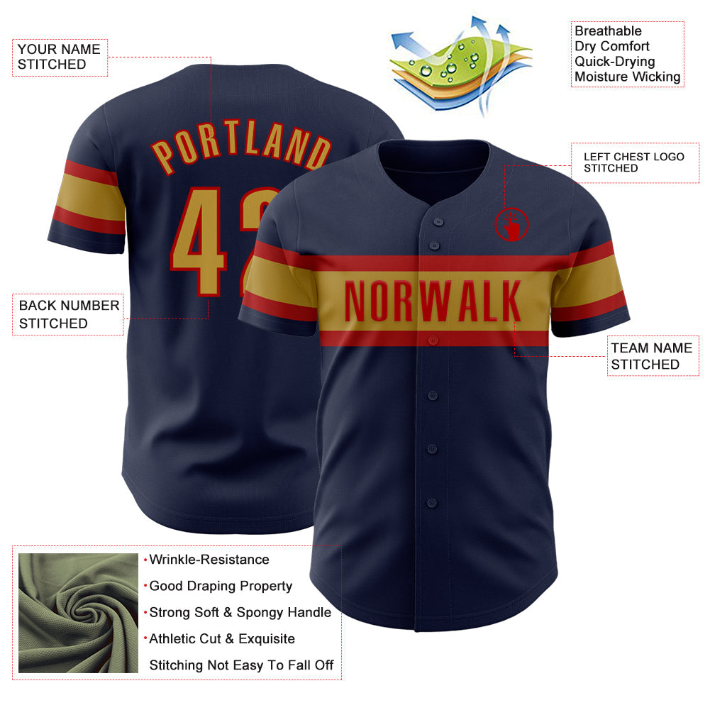 Custom Navy Old Gold-Red Authentic Baseball Jersey view 3