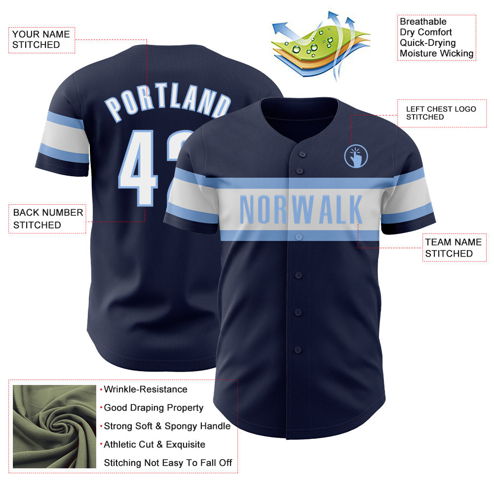 Custom Navy White-Light Blue Authentic Baseball Jersey view 3