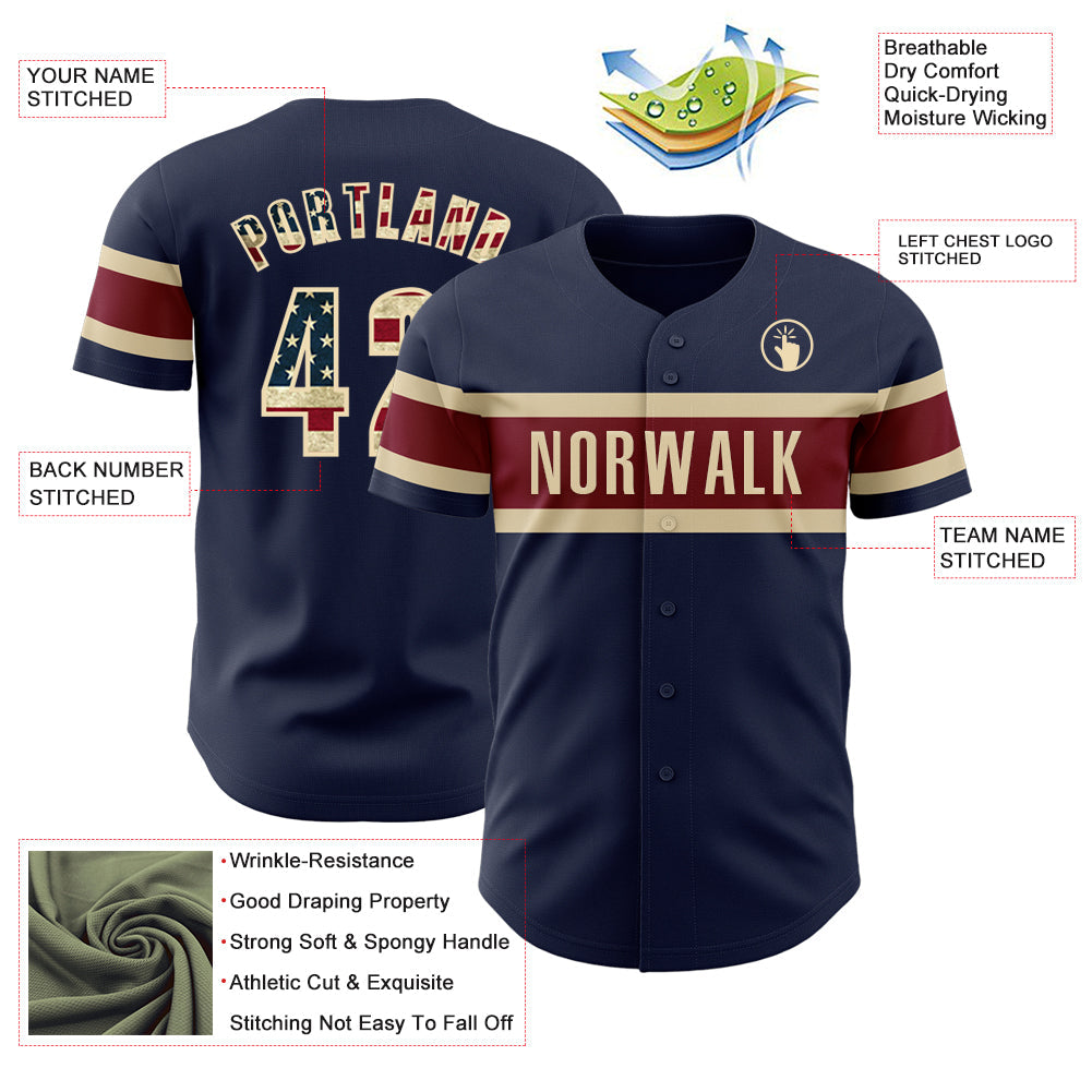Custom Navy Vintage USA Flag Cream-Crimson Authentic Baseball Jersey view 3